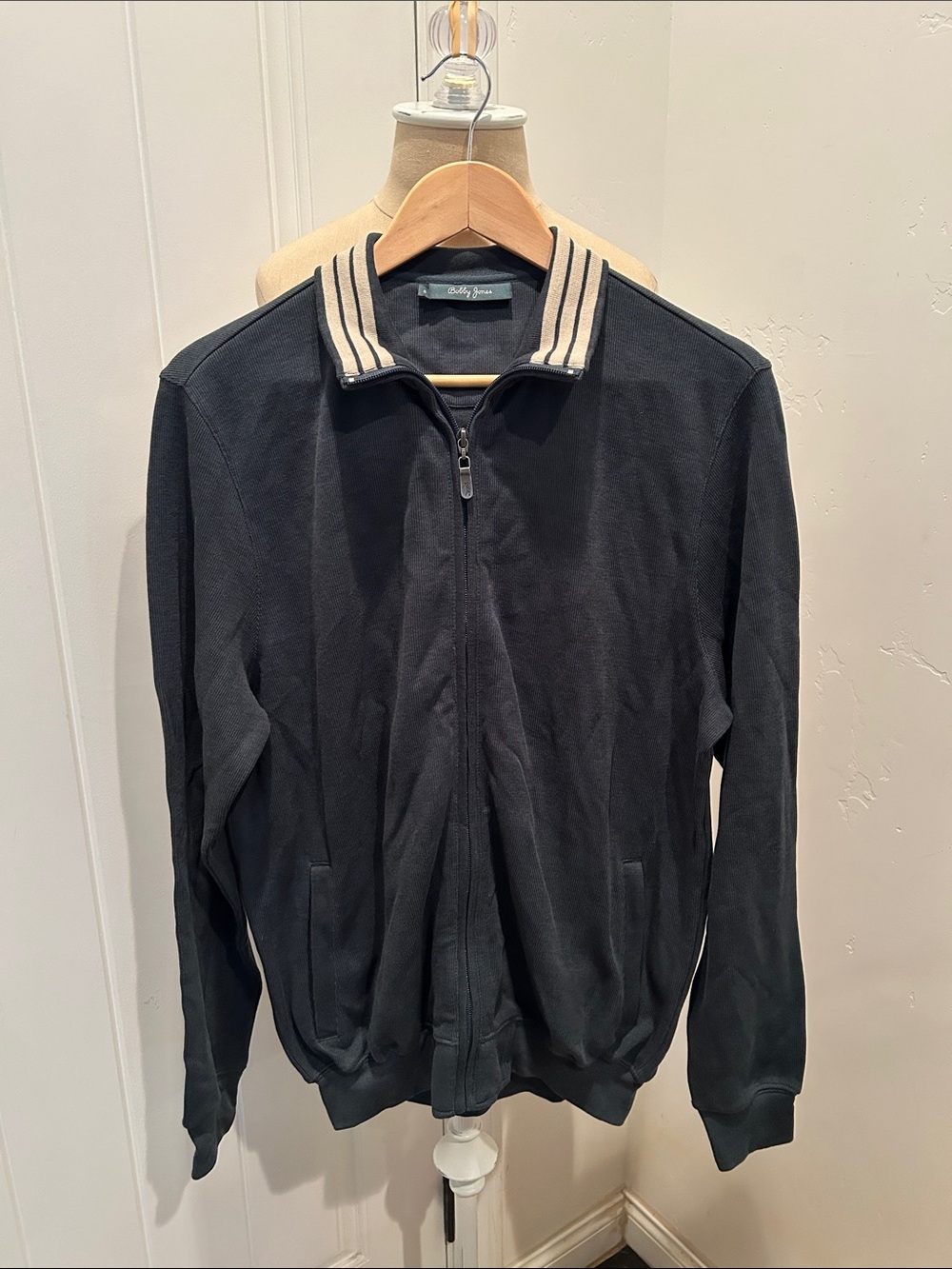 Bobby Jones Dark Forrest Green Golf Zip-Up Sweater with Striped Collar